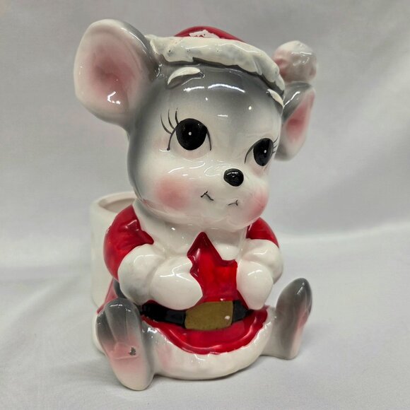 Vintage Japan Christmas Santa Mouse 6" Ceramic Planter Candy Dish Hat Kitschy - Picture 5 of 9